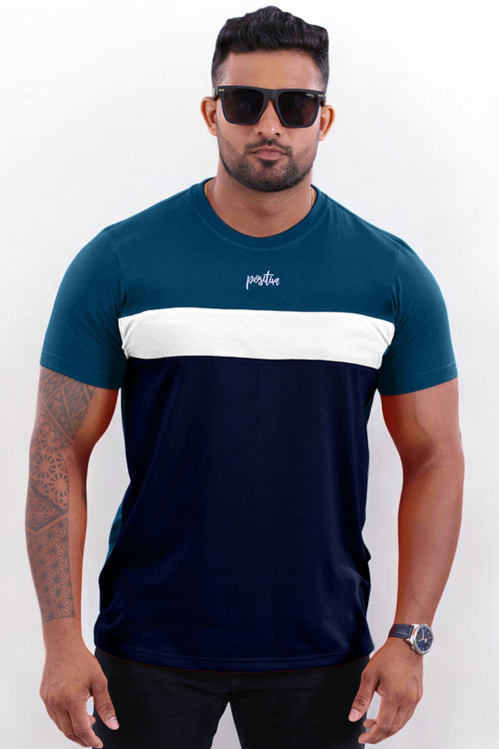 The Next One Men’s Crew Neck Tee Positive-Navy Blue Blended with Dark Teal Blue & White